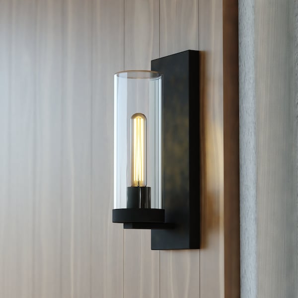 Vaxcel Grantley 1 Light Matte Black Indoor Outdoor Wall Sconce Clear Glass Cylinder Shade, LED Compatible T0719 - main